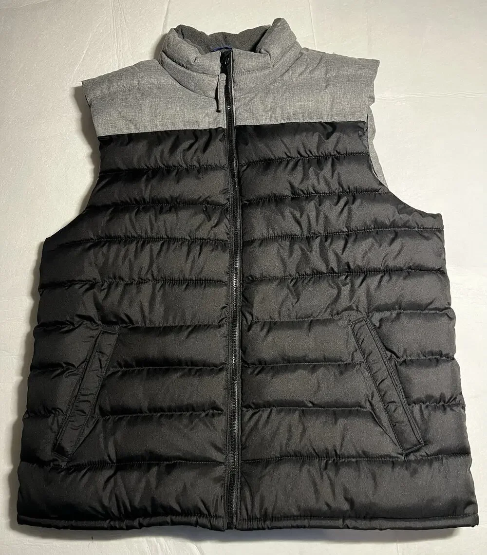 Old Navy Mens Large Black Gray Colorblock Puffer Vest Fleece Lined Full Zip